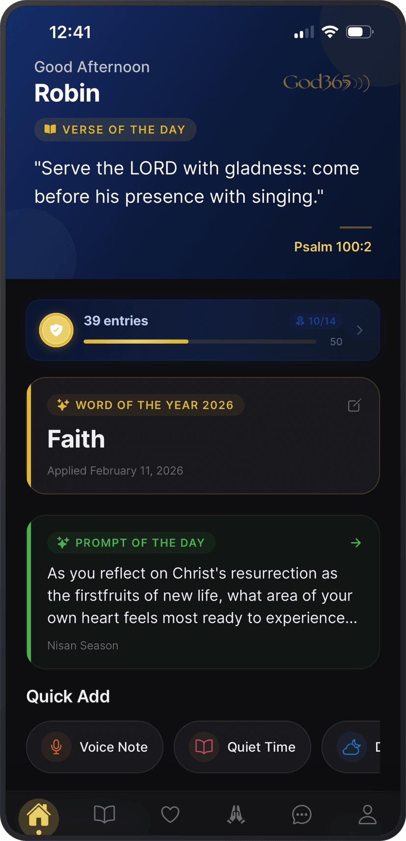God365 app home screen showing daily verse, journal entries, and quick add options