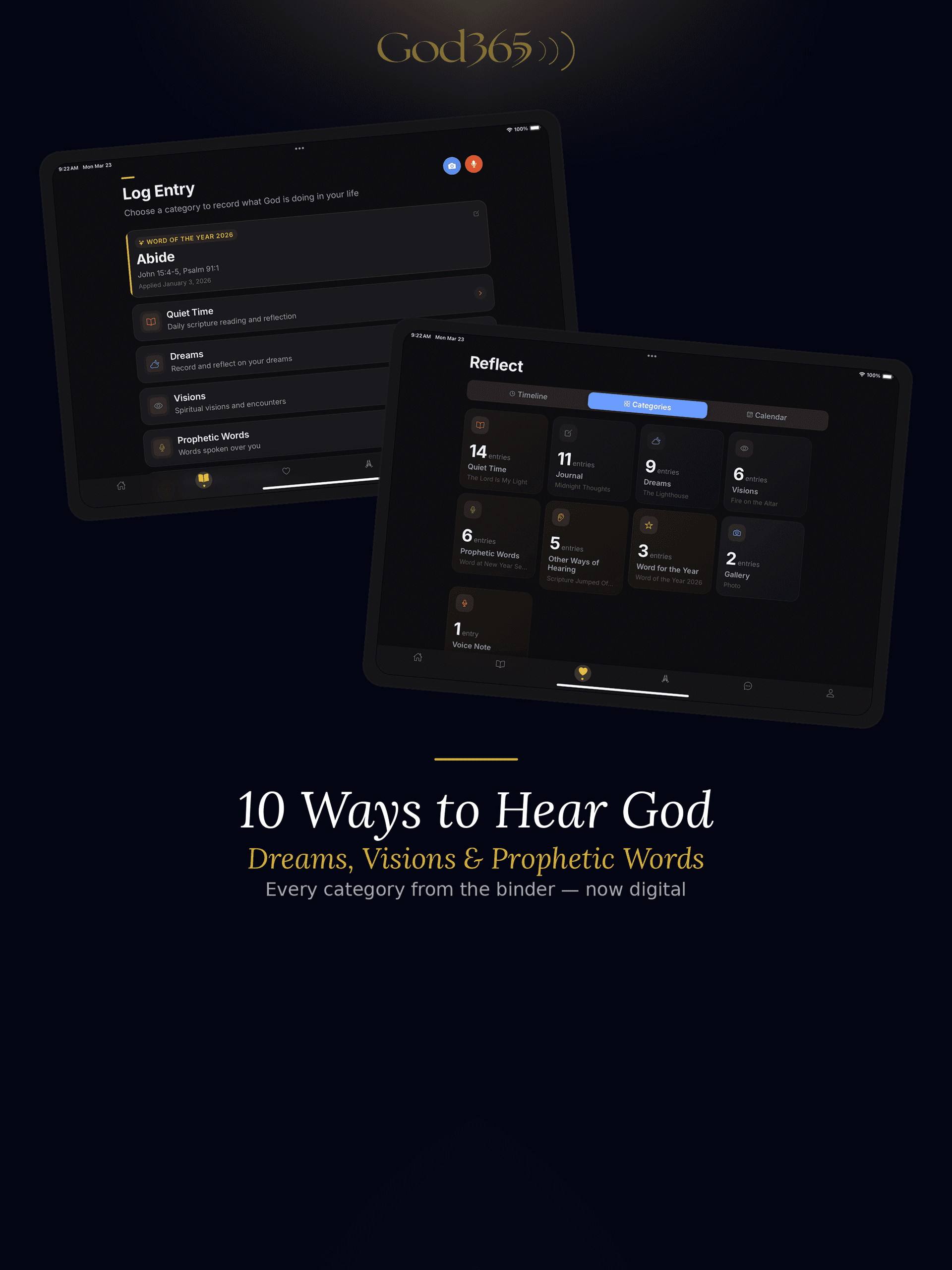 God365 app on iPad showing entry categories and reflection dashboard