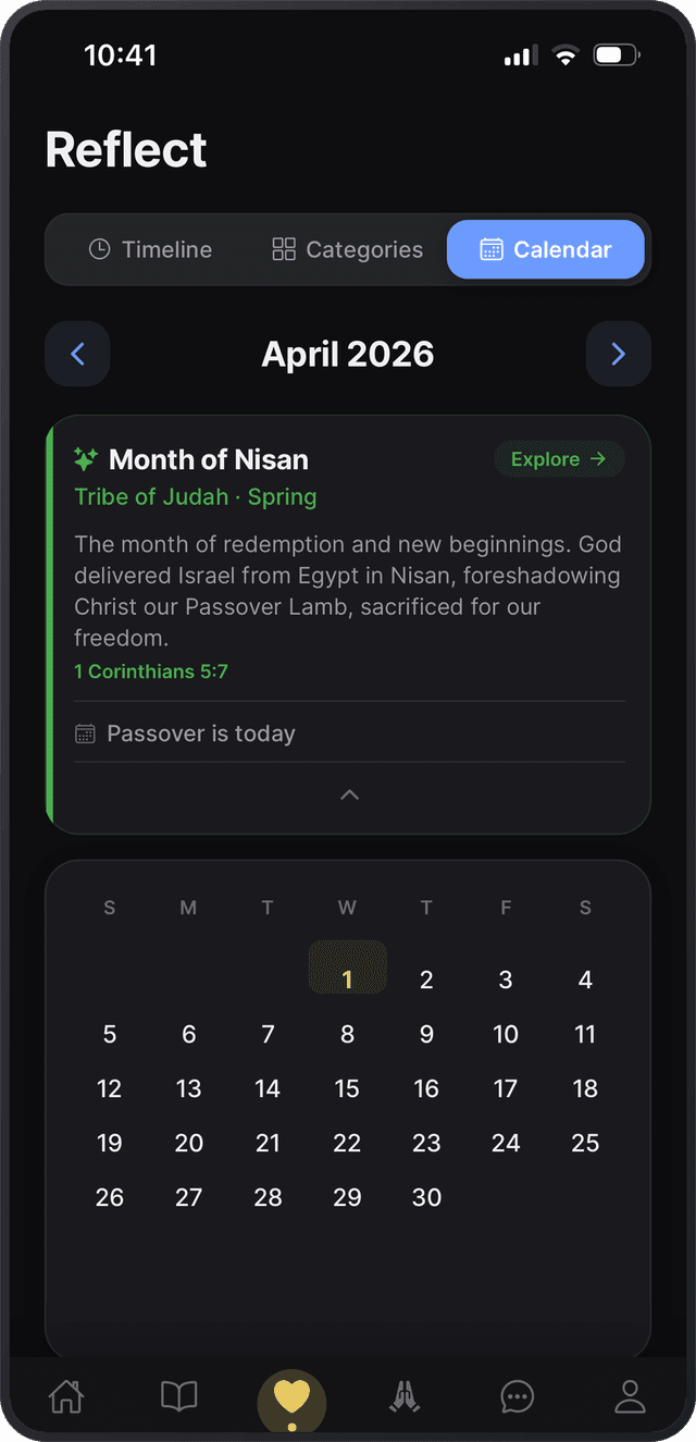 God365 Biblical Calendar view showing Hebrew months and feast days