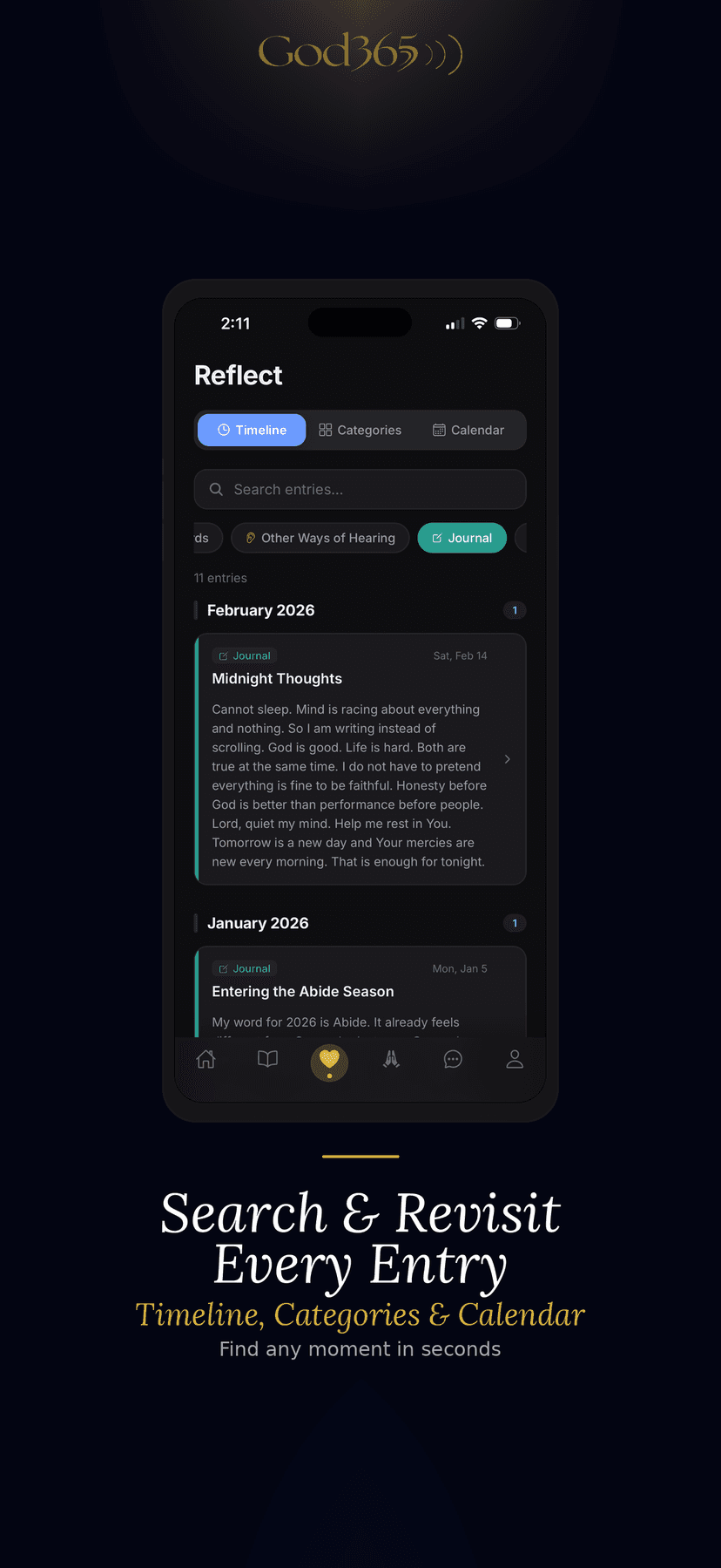 God365 timeline view with search and filtering
