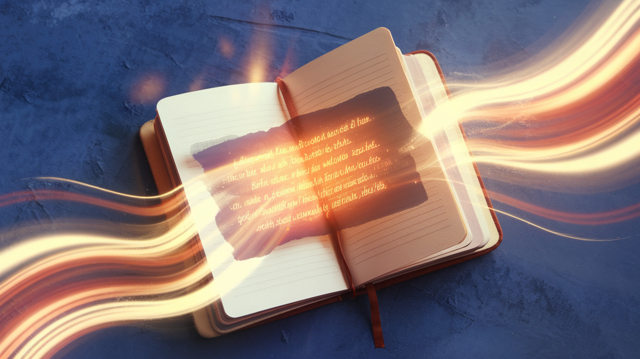An open journal with glowing scripture and divine light, representing spiritual journaling and hearing God's voice