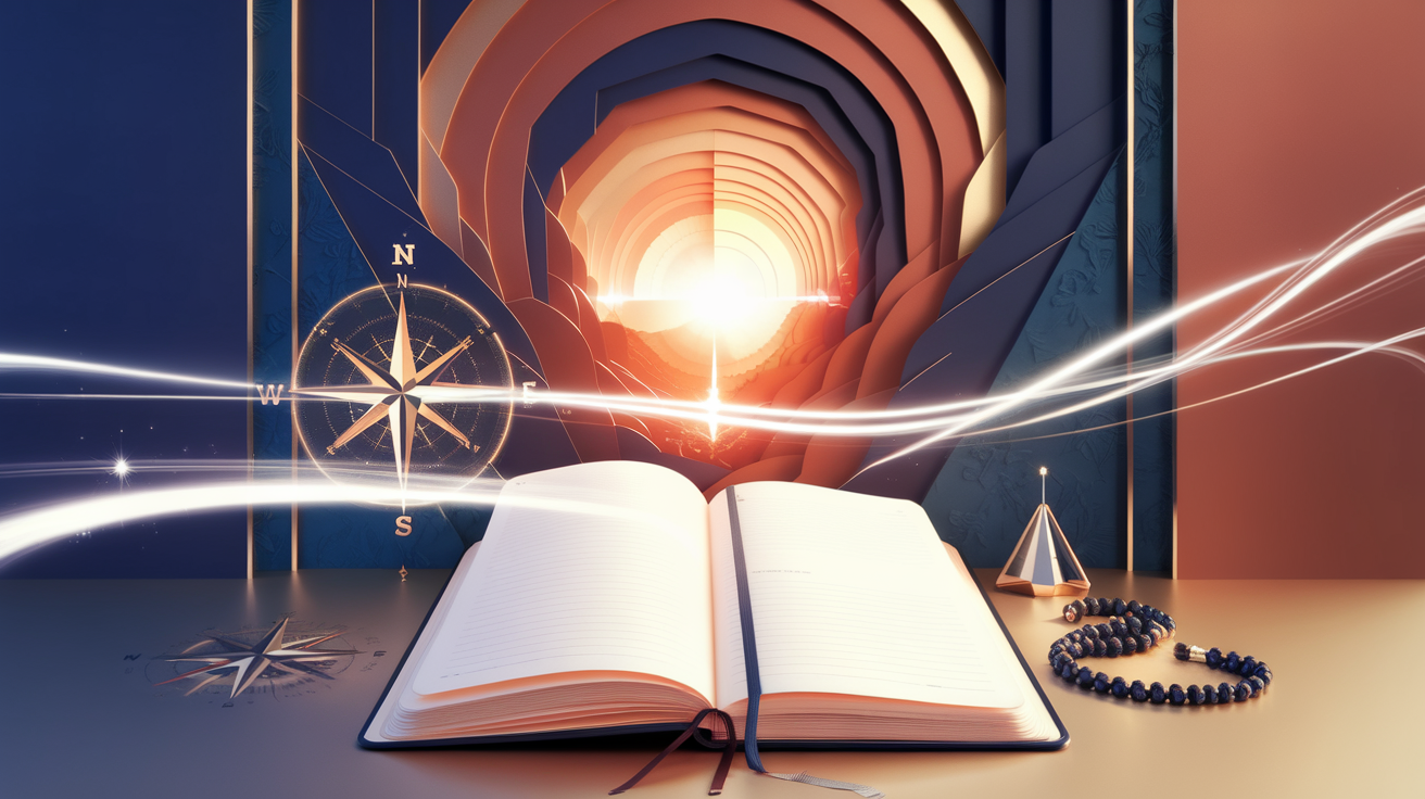 Abstract spiritual workspace concept with journal, compass, and light symbolizing organized spiritual life