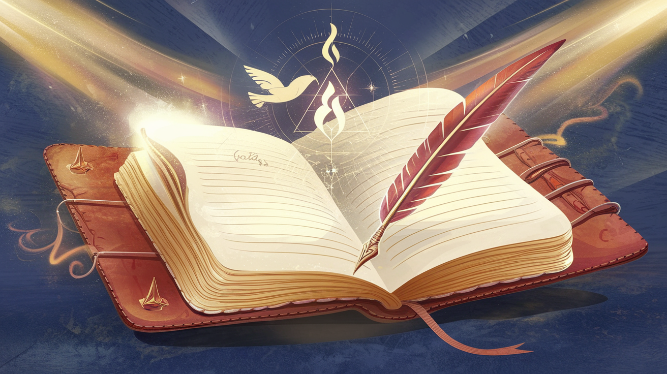 An open journal with a glowing quill pen surrounded by spiritual symbols and ethereal light, representing divine vision recording