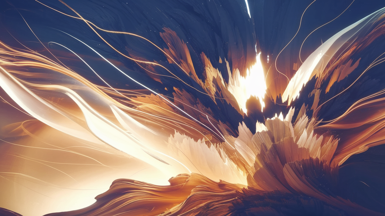 Abstract spiritual light breaking through layered navy and rust tones with golden threads