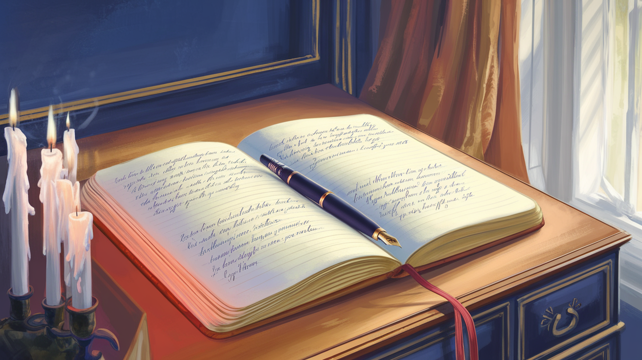 Open prayer journal with pen on desk in candlelight, suggesting two-way conversation through writing