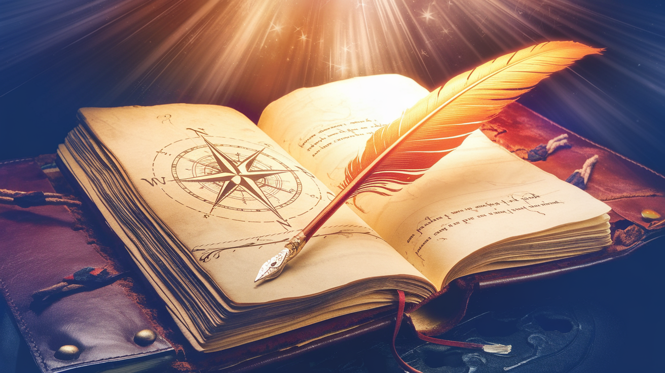A symbolic representation of prophetic word journaling with a journal, quill, and divine light