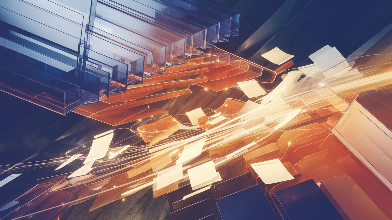 Abstract visualization of organizing scattered notes into a structured system with flowing light and geometric elements
