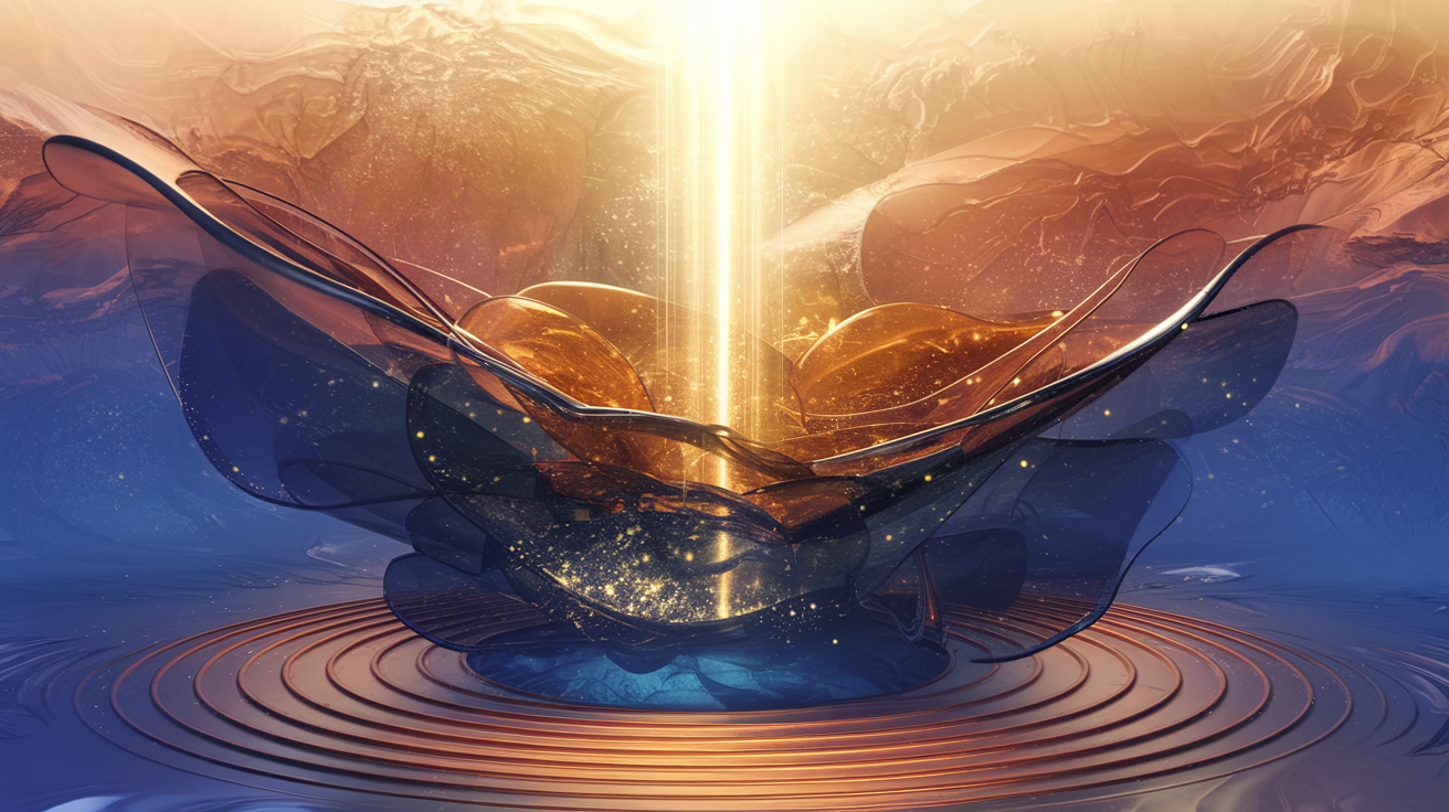 Abstract spiritual visualization with layered shapes in navy, rust, and gold, depicting divine illumination and spiritual breakthrough