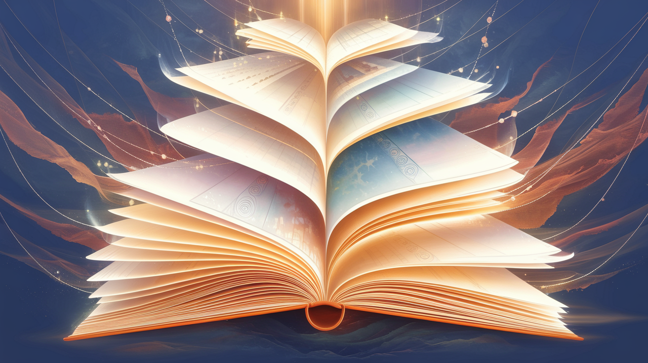 Abstract illustration of an open journal with repeating dream symbols and glowing threads weaving through layered pages against a dark background