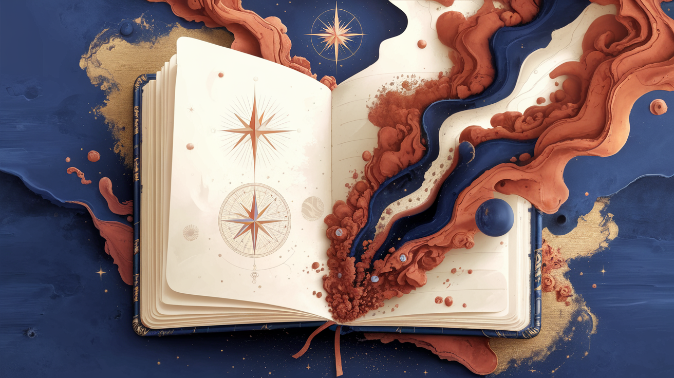 Abstract journal with ink transforming into celestial and spiritual symbols against a dark navy background