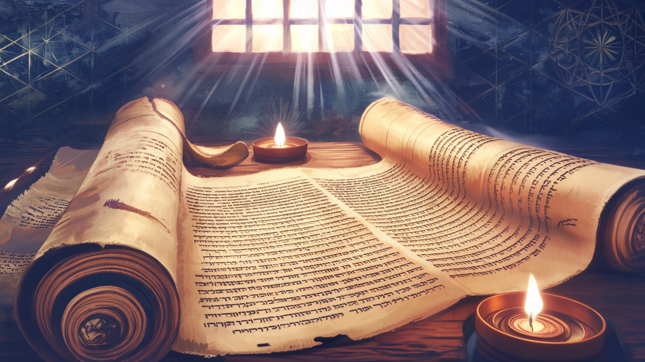 Illuminated Hebrew scroll with prophetic journaling, candlelit manuscript on dark background